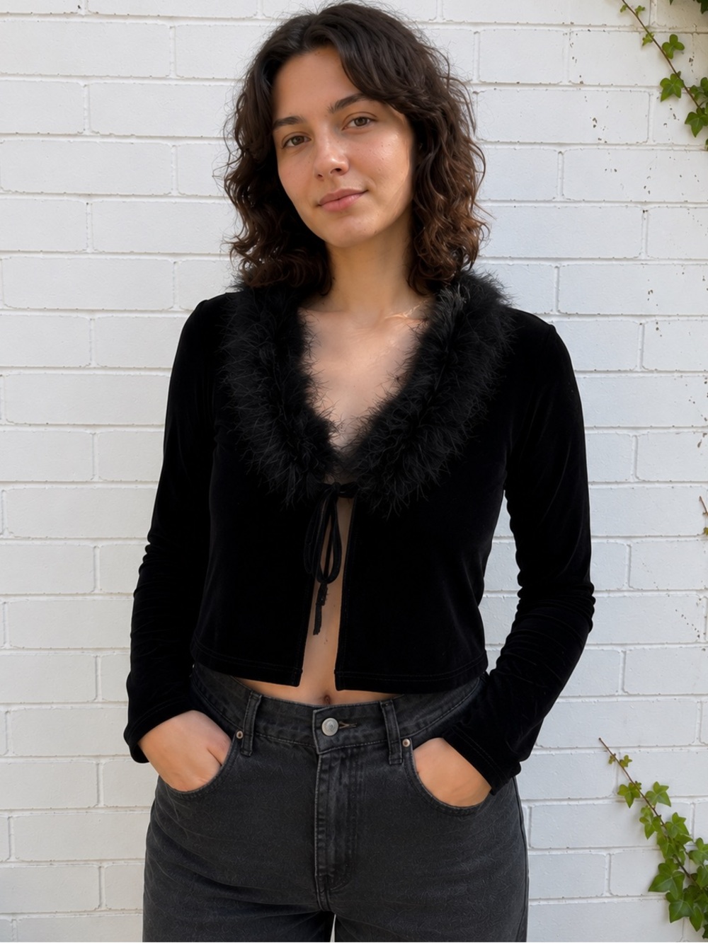 Vintage Y2K Black Velvet Feather Crop Cardigan Goth Grunge Fairycore Top Medium